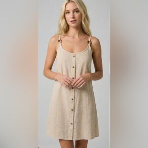 Oatmeal Linen Blend Button Front Mini Dress Spaghetti Strap